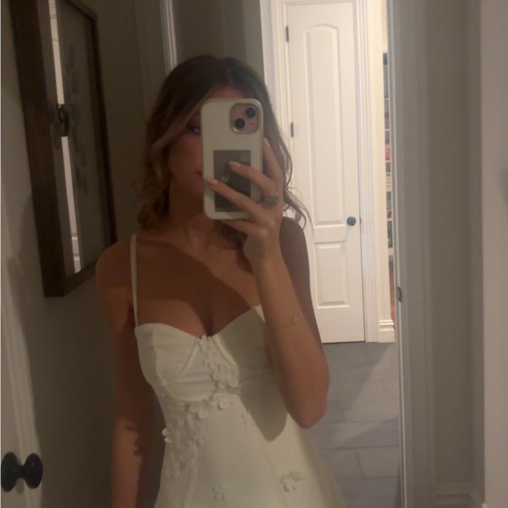 Ivory Spaghetti Strap Floral-Embellished Dress